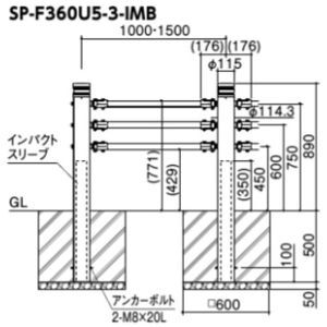 インパクト横断防止柵　3段ビームタイプ　基礎式　端部支柱　右用(ジョイント付)