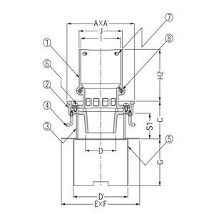 ステンレス鋳鋼製ルーフドレン　外廊下排水用　デッキプレート打込型　塗膜・モルタル防水用　たて引き　差し込み式