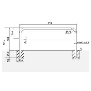 バリカー横型　車止め　スタンダード　スチールハイショルダータイプ　φ60.5　W750　横桟付き